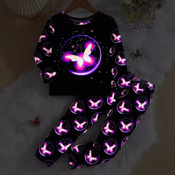 【18M-6Y】2-piece Girls Casual Luminous Butterfly Print Loungewear Set - Popopieshop.com 