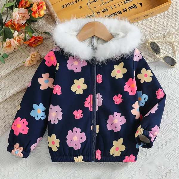 【3Y-7Y】Girls Sweet Floral Print Thick Fleece Hooded Jacket - Popopieshop.com 