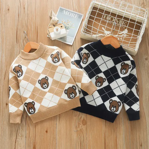 【18M-8Y】Kids Casual Cute Bear And Plaid Jacquard Round Neck Long Sleeve Sweater - Popopieshop.com 