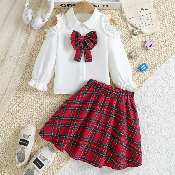 【3Y-10Y】2-piece Girls Preppy Bow Design Off-the-Shoulder White Shirt And Red Plaid Skirt Set - Popopieshop.com 