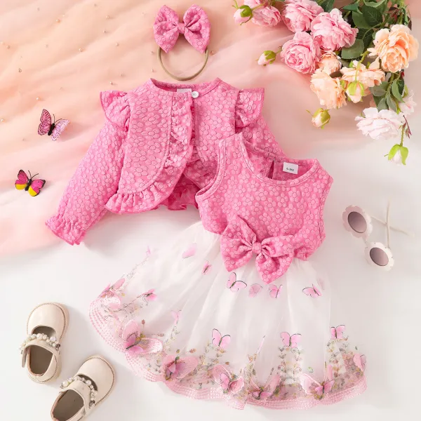 【6M-3Y】2-piece Baby Girl Cute Butterfly Embroidered Mesh Dress And Flower Jacquard Cardigan And Bow Headband Set - Popopieshop.com 