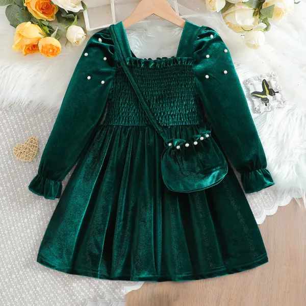 【3Y-7Y】2-piece Girls Sweet Pearl Decorated Green Velvet Dress With Bag - Popopieshop.com 