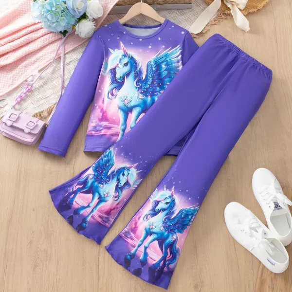 【7Y-13Y】2-piece Girls Cute Unicorn Print Purple Home Wear Set - Popopieshop.com 