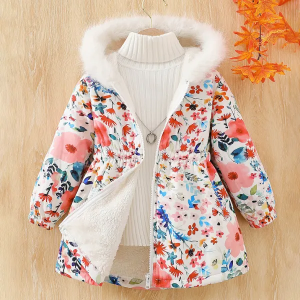 【3Y-7Y】Girls Sweet Floral Print Thick Fleece Hooded Jacket Only $31.99 - Popopieshop.com 