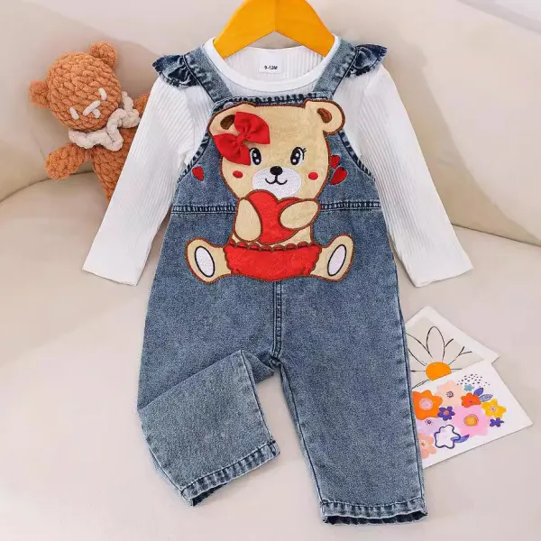【0M-18M】2-piece Baby Girl Cute White T-shirt And Bear Embroidery Blue Denim Overalls Set - Popopie.com 