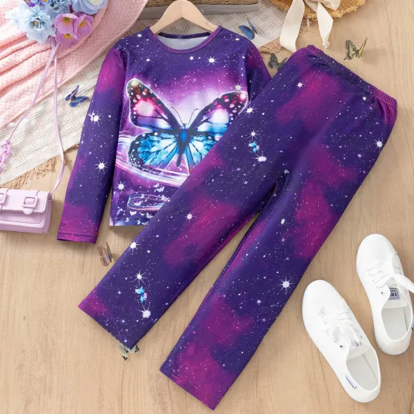 【7Y-13Y】2-piece Girls Cute Butterfly Print Purple Home Wear Set - Popopieshop.com 