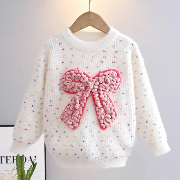 【3Y-10Y】Girls Sweet Fashion Bow Embroidery Colorful Polka Dot Jacquard Sweater - Popopieshop.com 
