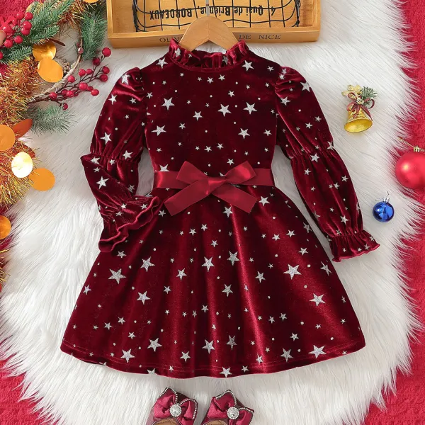 【3Y-7Y】Girls Sweet And Fashionable Silver Star Print Burgundy Velvet Party Dress - Popopieshop.com 