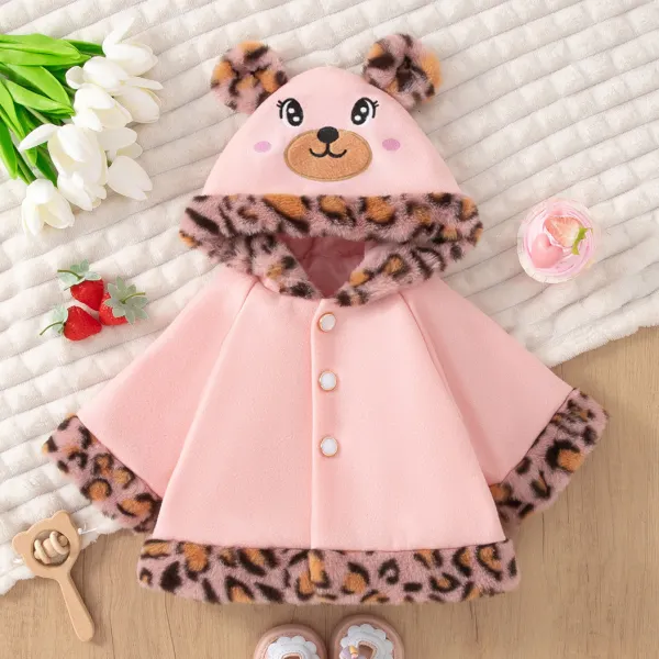 【6M-3Y】Baby Girl Cute Cartoon Embroidery Pink Leopard Print Hooded Cape - Popopieshop.chimpone.com 