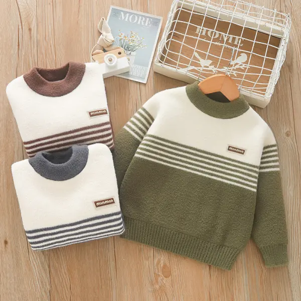 【3Y-10Y】Boys Casual Striped Jacquard Crew Neck Long Sleeve Sweater - Popopieshop.com 