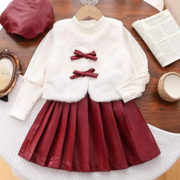 【3Y-7Y】3-piece Girls Fashion White Long Sleeve T-shirt Fur Vest Coat And Pleated Leather Skirt Set - Popopieshop.com 