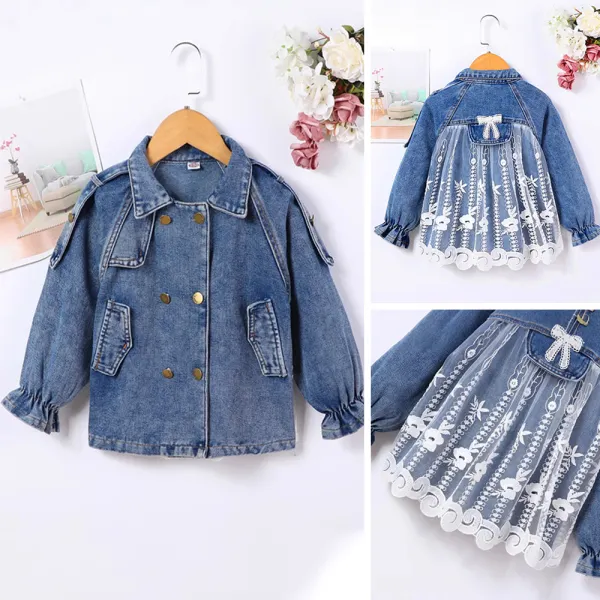 【18M-6Y】Girls Sweet Lace Stitching Lapel Denim Jacket - Popopieshop.com 