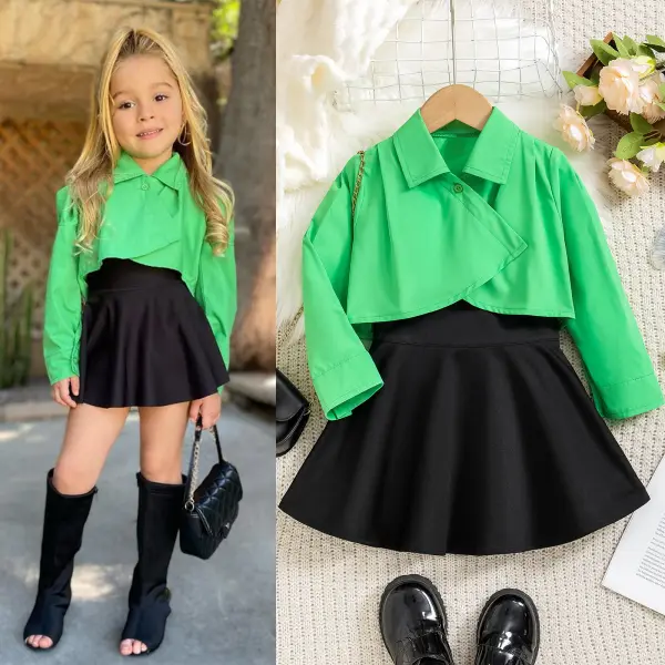 【3Y-7Y】2-piece Girls Fashion Green Long Sleeve Shirt And High Waist Ruffle Skirt Set - Popopieshop.com 