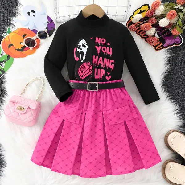 【3Y-10Y】3-piece Girls Cute Halloween Cartoon Print Long Sleeve T-shirt And Pleated Skirt Set With Belt - Popopieshop.com 
