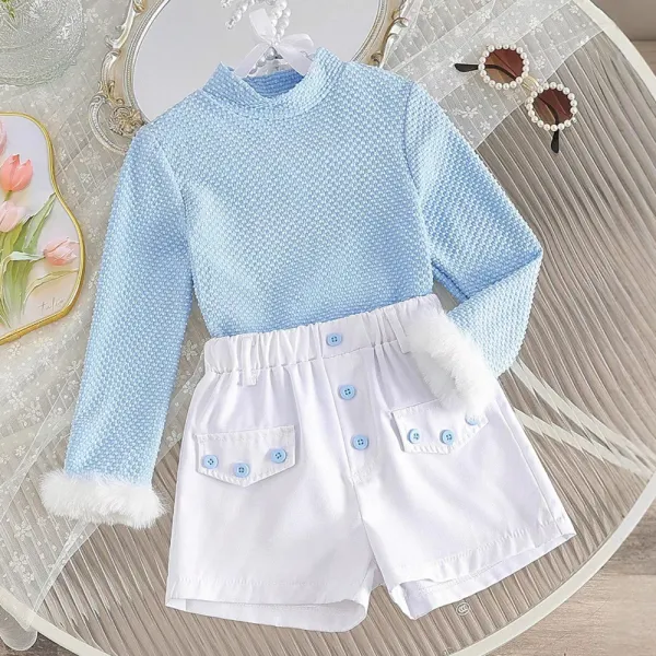 【3Y-7Y】2-piece Girls Fashion Blue Long Sleeve T-shirt And Shorts Set - Popopieshop.com 