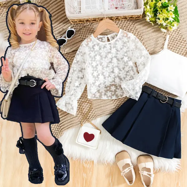 【3Y-7Y】3-piece Girls Fashion Lace Sheer Top Suspender Tank Top And Pleated Skirt Set - Popopieshop.com 