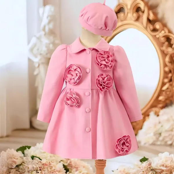 【3Y-7Y】2-piece Girls Fashion Pink Floral Lapel Coat With Hat - Popopieshop.com 