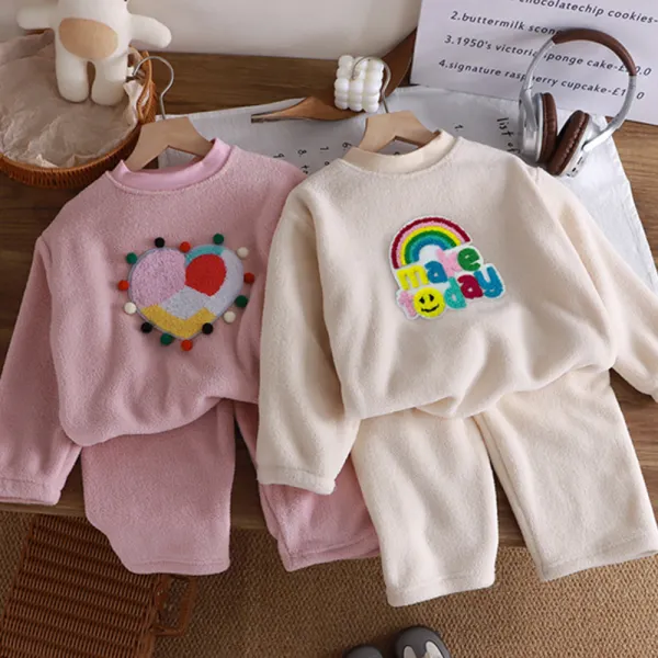 【12M-15Y】2-piece Girl Cute Plush Warm Cartoon Embroidered Round Neck Pajamas Set - Popopieshop.com 