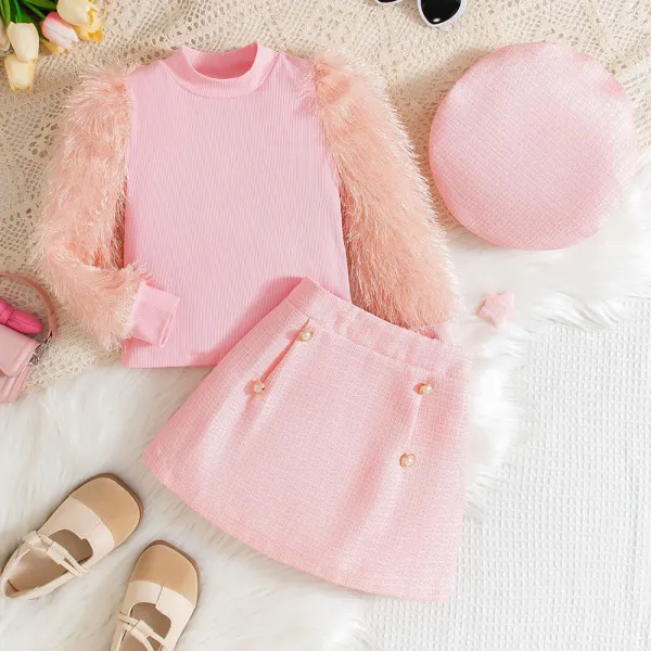 【3Y-7Y】3-piece Girls Fashion Pink Fur Sleeve Round Neck Sweater And Skirt Set With Hat - Popopieshop.com 