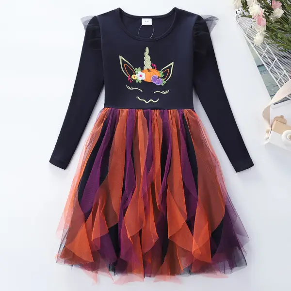 【3Y-8Y】Girls Unicorn Embroidered Ruffle Mesh Long Sleeve Dress - Popopieshop.com 