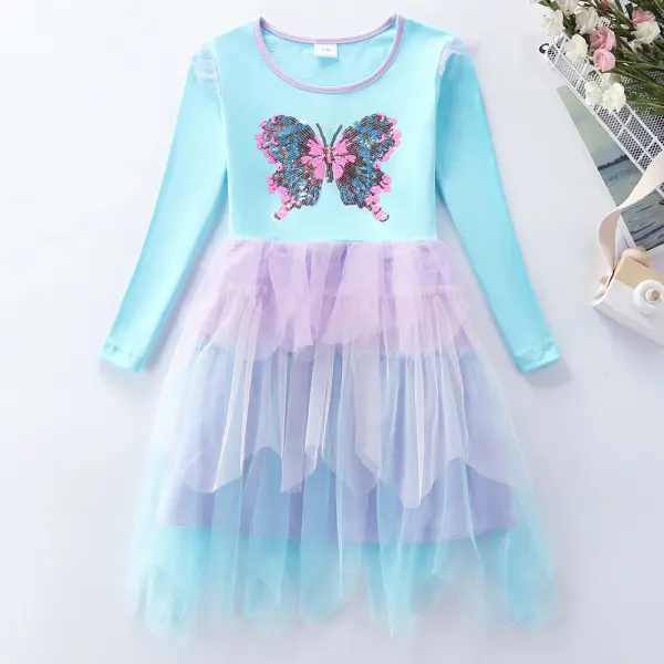 【3Y-8Y】Girls Sequin Butterfly Embroidery Ruffle Mesh Long Sleeve Dress - Popopieshop.com 