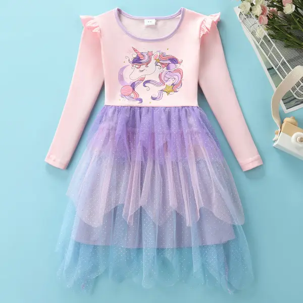 【3Y-8Y】Girls Unicorn Print Ruffle Mesh Long Sleeve Dress - Popopieshop.com 