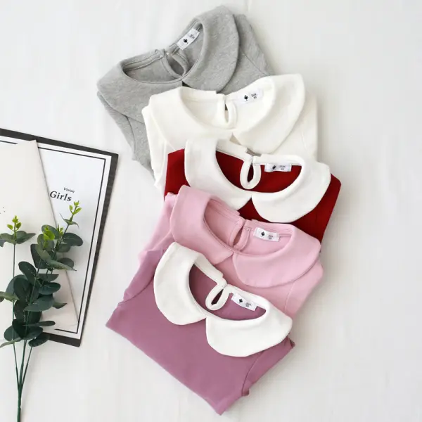 【12M-8Y】Girls Sweet Cotton Solid Color Doll Collar Long Sleeve T-shirt - Popopieshop.com 