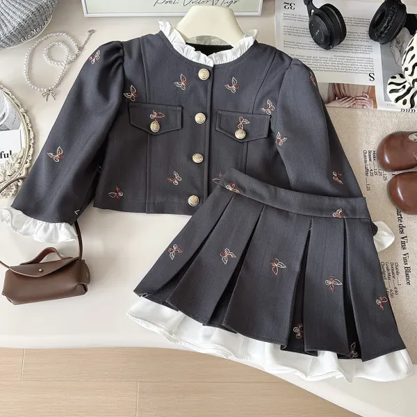 【18M-8Y】2-piece Girls Elegant Butterfly Embroidered Puff Sleeve Top And Pleated Skirt Set - Popopieshop.com 