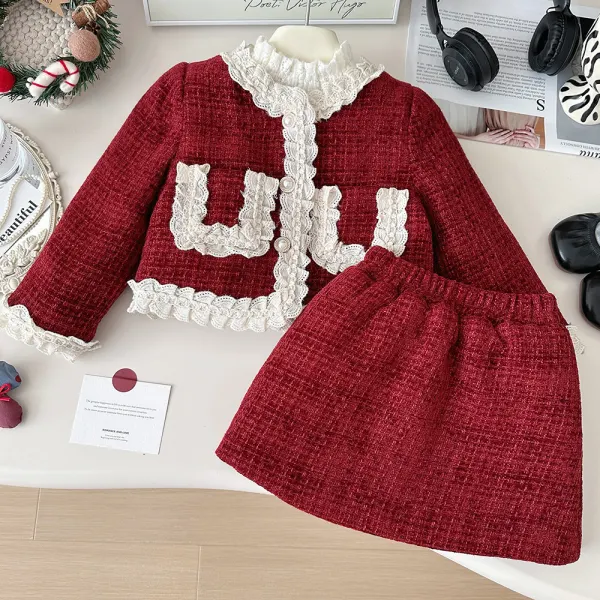 【18M-8Y】2-piece Girls Elegant Red Tweed Keep Warm Coat And Skirt Set - Popopieshop.com 