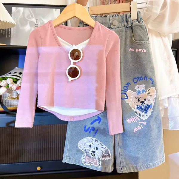 【2Y-8Y】2-piece Girls Fashion Fake Two Piece Long Sleeve T-shirt And Dog Print Jeans Set - Popopieshop.com 