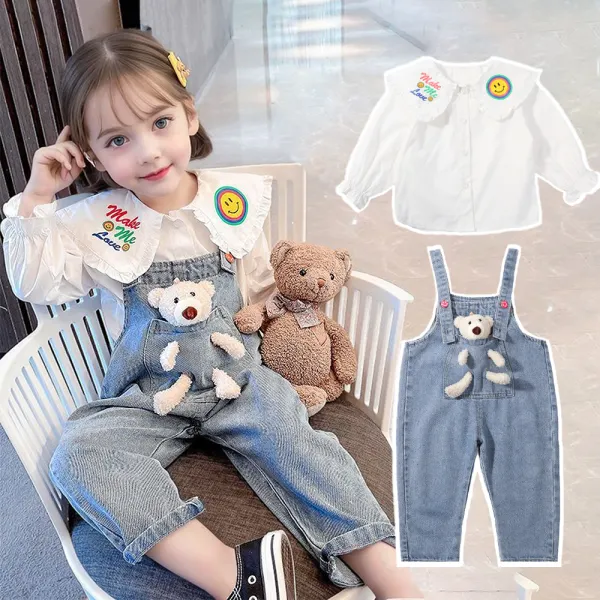 【18M-8Y】2-piece Girls Sweet Letter Print Doll Collar Shirt And Bear Overalls Jeans Set - Popopieshop.com 