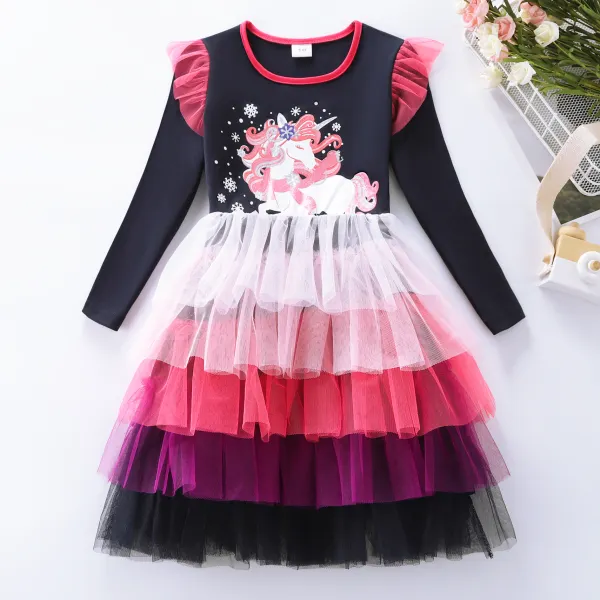 【3Y-8Y】Girls Sweet Unicorn Print Knit And Mesh Long Sleeve Dress - Popopieshop.com 
