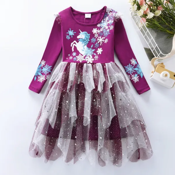 【3Y-8Y】Girls Sweet Unicorn Print Knit And Mesh Purple Dress - Popopieshop.com 