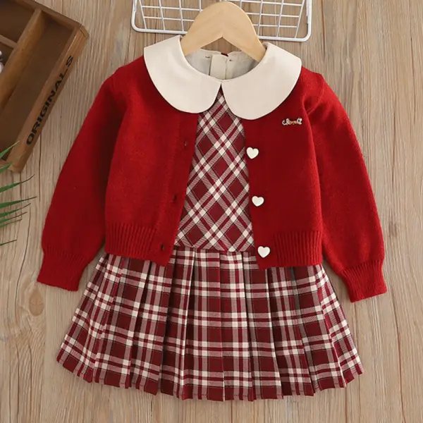 【12M-6Y】2-piece Girls Red Plaid Sleeveless Dress And Long Sleeve Sweater Cardigan Set - Popopieshop.com 