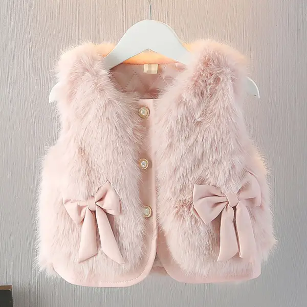 【18M-6Y】Girls Thick Faux Fur Bow Vest Coat - Popopieshop.com 