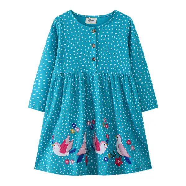 【1Y-7Y】Girls Sweet Bird And Flower Embroidered Lake Blue Polka Dot Dress - Popopieshop.com 