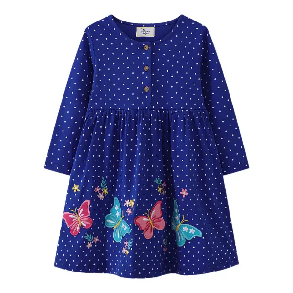 【1Y-7Y】Girls Sweet Butterfly And Flower Embroidered Blue Polka Dot Dress - Popopieshop.com 