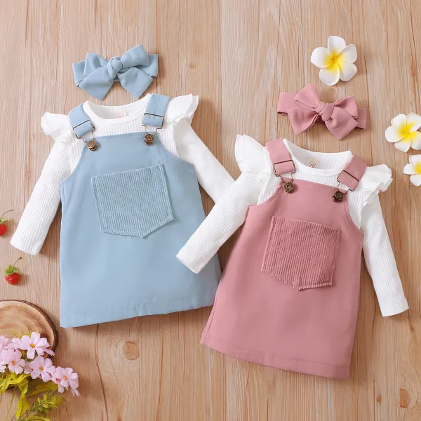 【6M-3Y】3-piece Baby Girls Cute Long Sleeve Romper And Dress Set With Hairband - Popopieshop.com 
