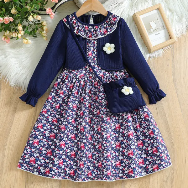 【3Y-10Y】2-piece Girls Sweet Flower Print Dark Blue Fake Two-Piece Dress With Bag - Popopieshop.com 