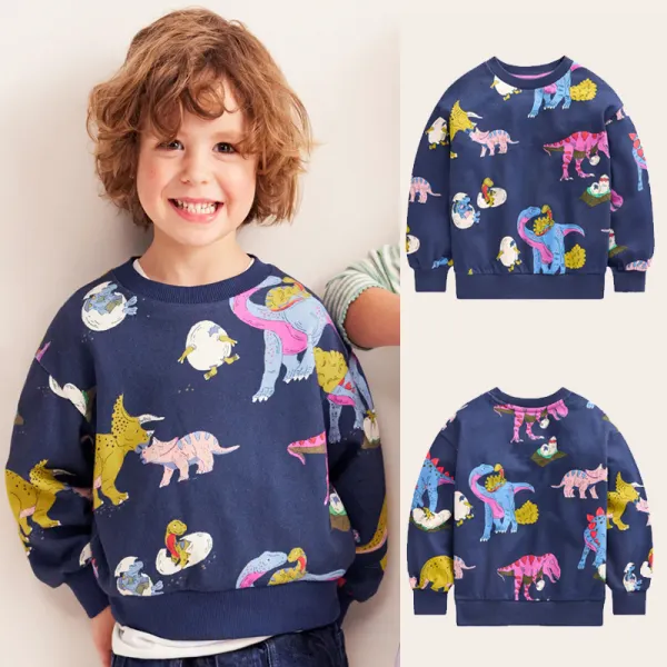 【18M-7Y】Boys Casual Cotton Colorful Dinosaur Printed Round Neck Sweatshirt - Popopieshop.com 
