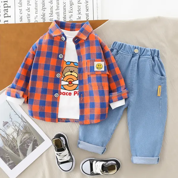 【12M-5Y】3-piece Boys Casual Plaid Lapel Shirt Cartoon Print Long Sleeve T-shirt And Jeans Set - Popopieshop.com 