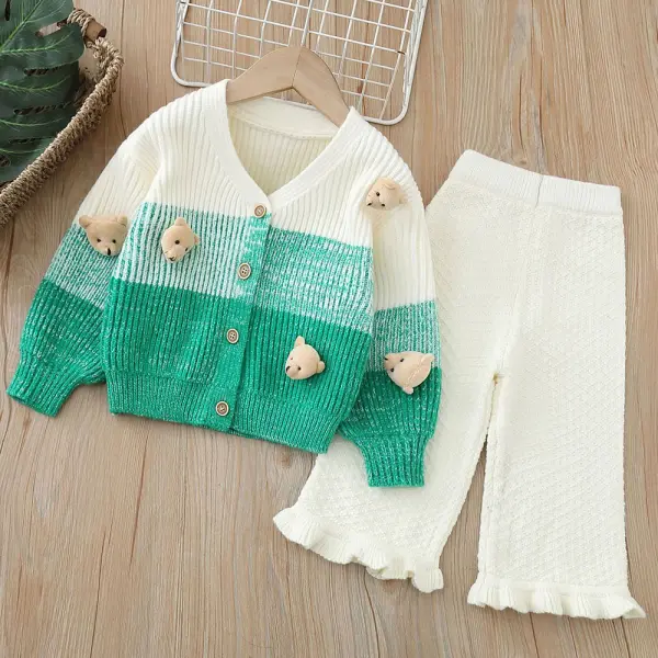 【18M-6Y】2-piece Girls Bear Applique Long Sleeve Sweater Cardigan And Pants Set - Popopieshop.com 