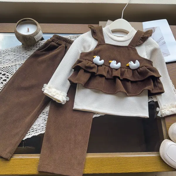 【18M-8Y】3-piece Girls Brown Duckling Long Sleeve T-shirt And Corduroy Vest And Pants Set - Popopieshop.com 