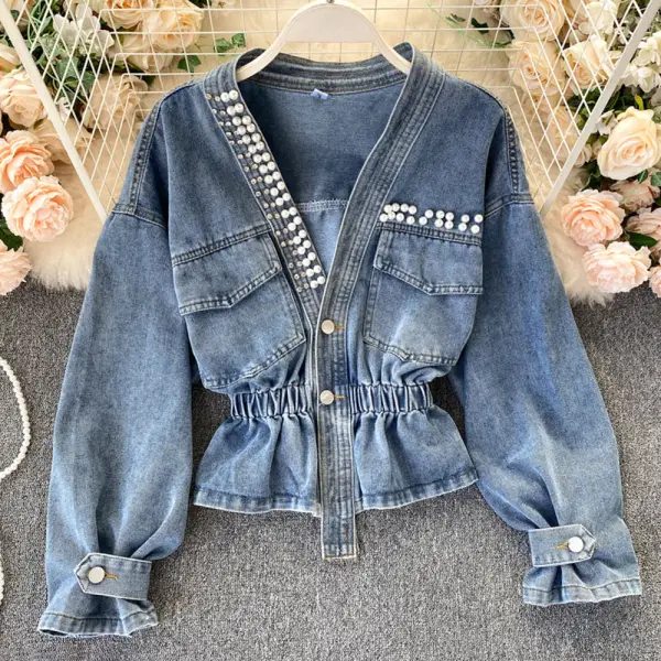 【18M-8Y】Girls Pearl Denim Jacket - Popopieshop.com 