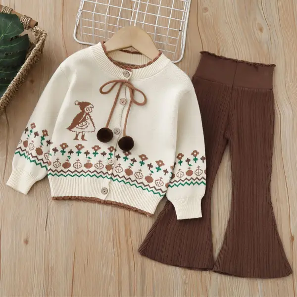 【18M-6Y】2-piece Girls Cartoon Long Sleeve Sweater Cardigan And Pants Set - Popopieshop.com 