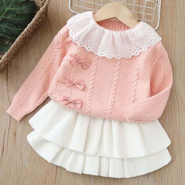 【18M-6Y】2-piece Girls Lace Bow Long Sleeve Sweater And Skirt Set - Popopieshop.com 