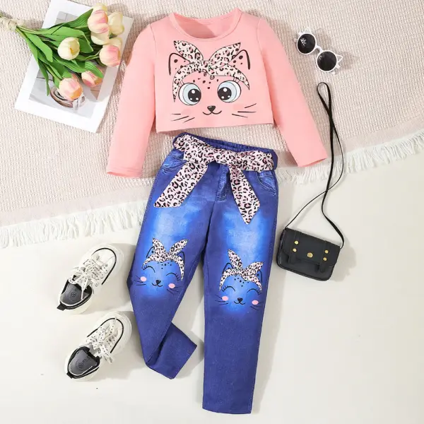 【3Y-7Y】2-piece Girls Pink Cat Print Long Sleeve T-shirt And Pants Set - Popopieshop.com 