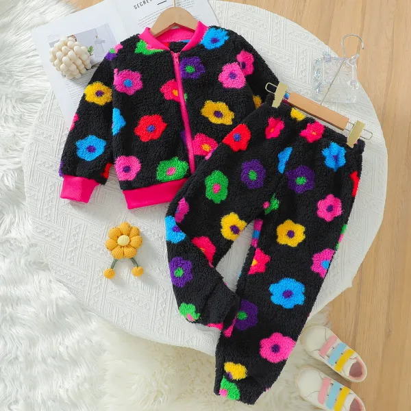 【3Y-7Y】2-piece Girls Cute Colorful Floral Jacquard Coral Velvet Cardigan And Pants Set - Popopieshop.com 