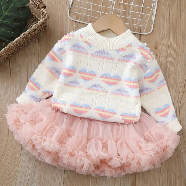 【18M-6Y】Girls Cute Fashionable Colorful Heart Shape Jacquard Sweater And Mesh Skirt Set - Popopieshop.com 