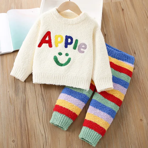 【2Y-8Y】2-piece Girls Cute Letter And Rainbow Stripe Jacquard Coral Fleece Top And Pants Set - Popopieshop.com 